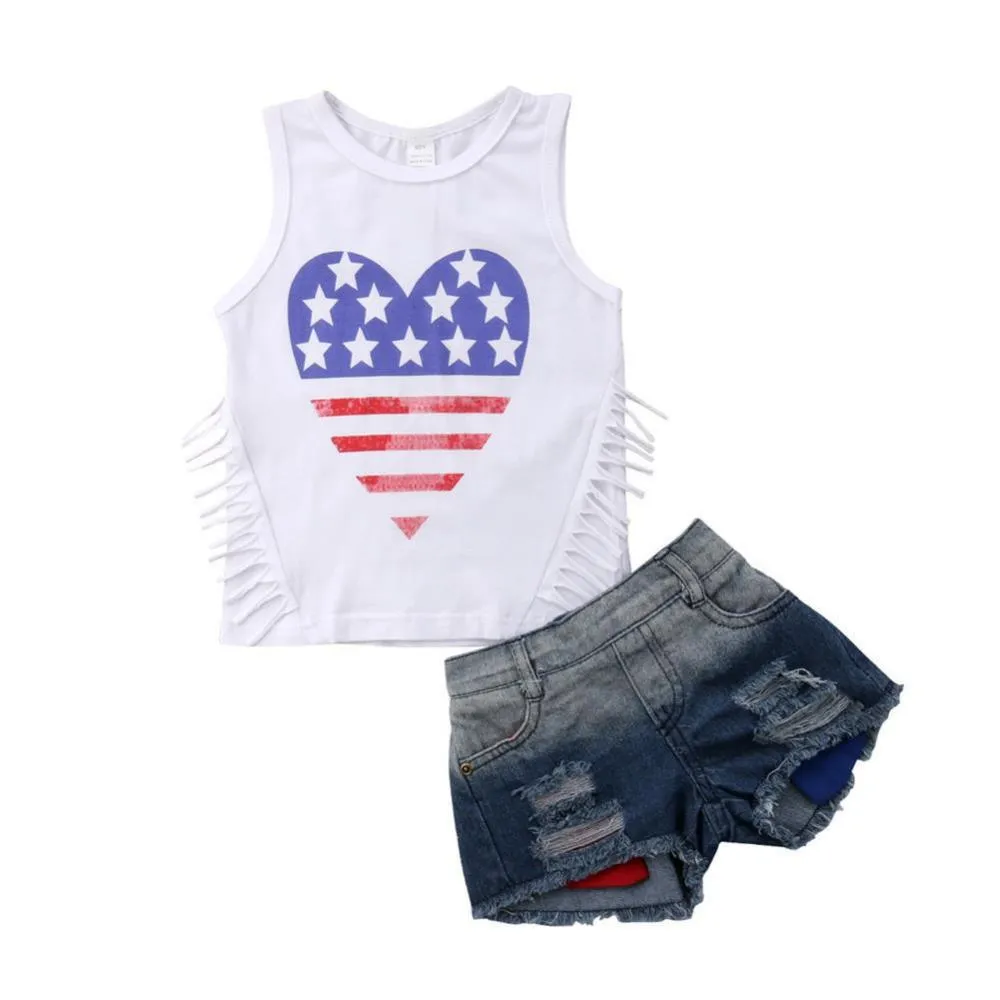 1-6T Children's Independence Day Girls Print Denim Shorts Outfit Wholesale Kids Clothes