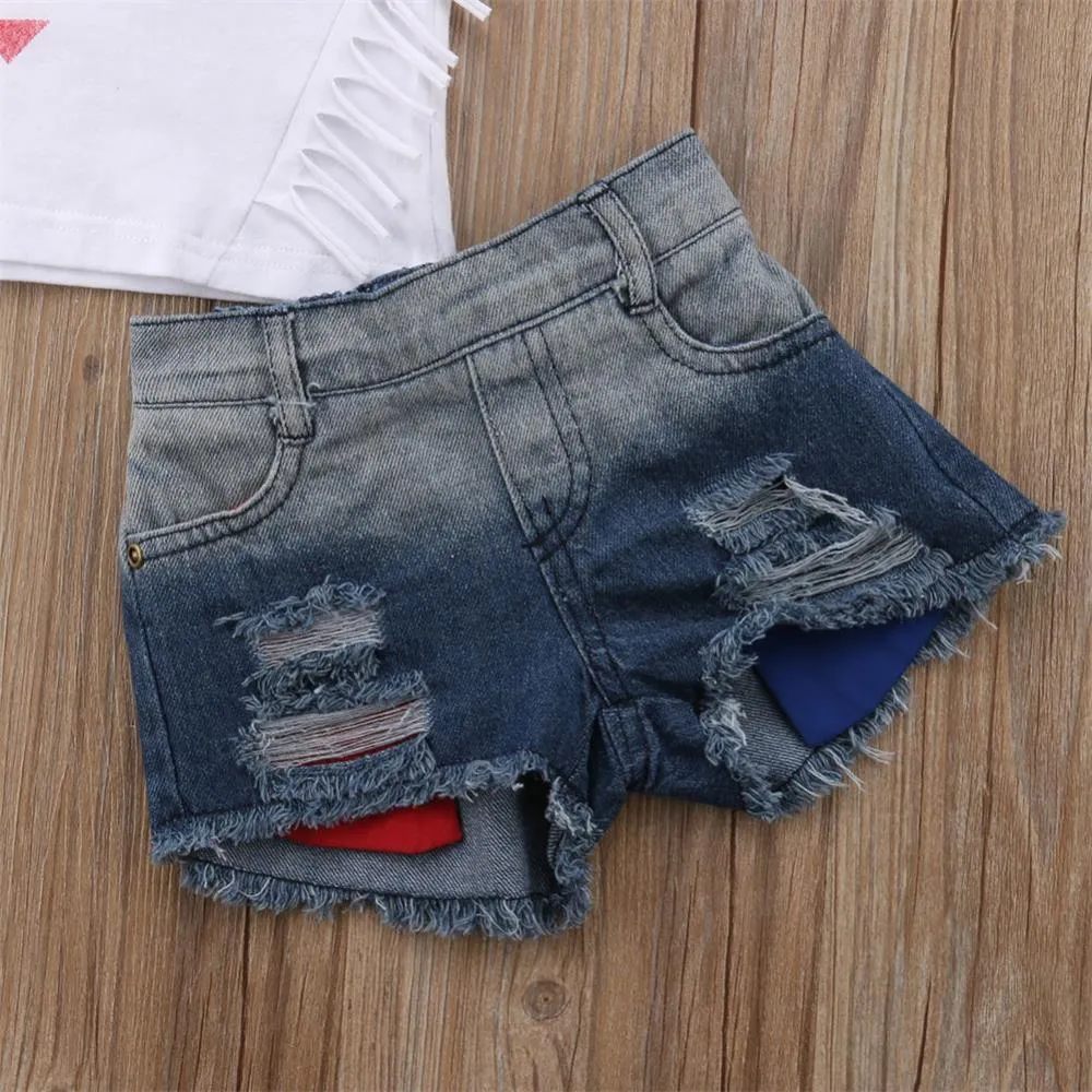 1-6T Children's Independence Day Girls Print Denim Shorts Outfit Wholesale Kids Clothes
