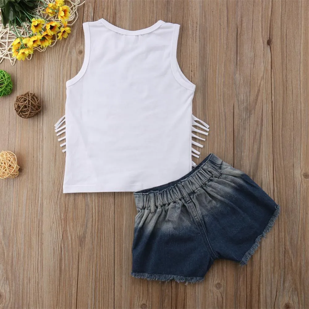 1-6T Children's Independence Day Girls Print Denim Shorts Outfit Wholesale Kids Clothes