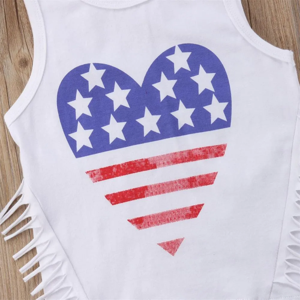 1-6T Children's Independence Day Girls Print Denim Shorts Outfit Wholesale Kids Clothes
