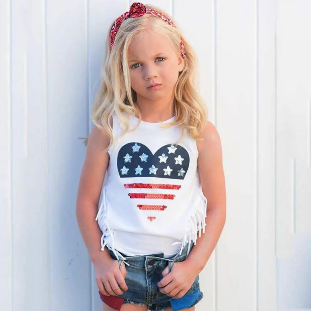 1-6T Children's Independence Day Girls Print Denim Shorts Outfit Wholesale Kids Clothes