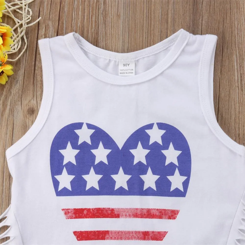 1-6T Children's Independence Day Girls Print Denim Shorts Outfit Wholesale Kids Clothes