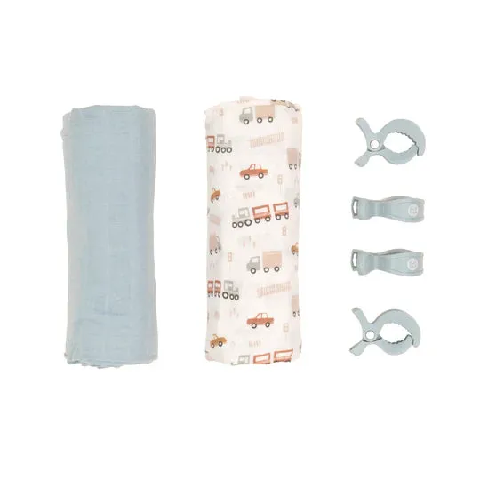 All 4 Ella 2 Pack Organic Muslin Swaddles & 4 Peg Gift Set - Trucks