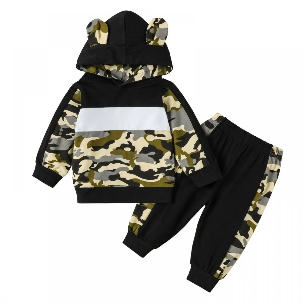 Autumn and Winter Baby Pink Letter Print Camouflage Sweatshirt Set Wholesale Boys Clothes