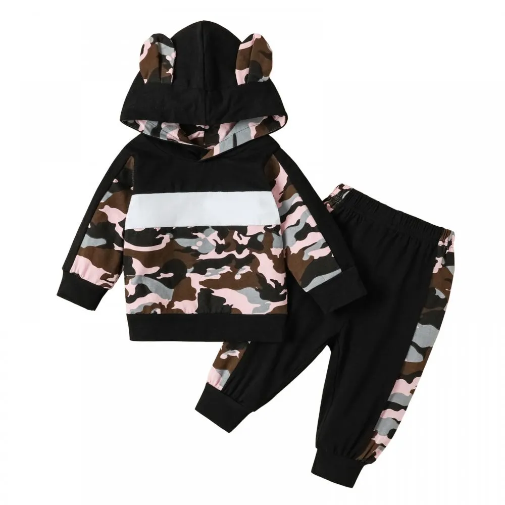 Autumn and Winter Baby Pink Letter Print Camouflage Sweatshirt Set Wholesale Boys Clothes