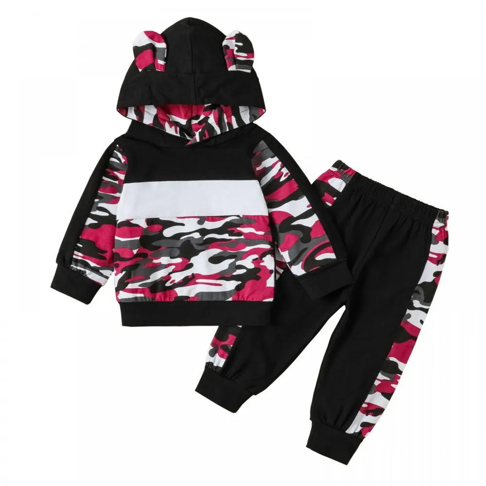 Autumn and Winter Baby Pink Letter Print Camouflage Sweatshirt Set Wholesale Boys Clothes