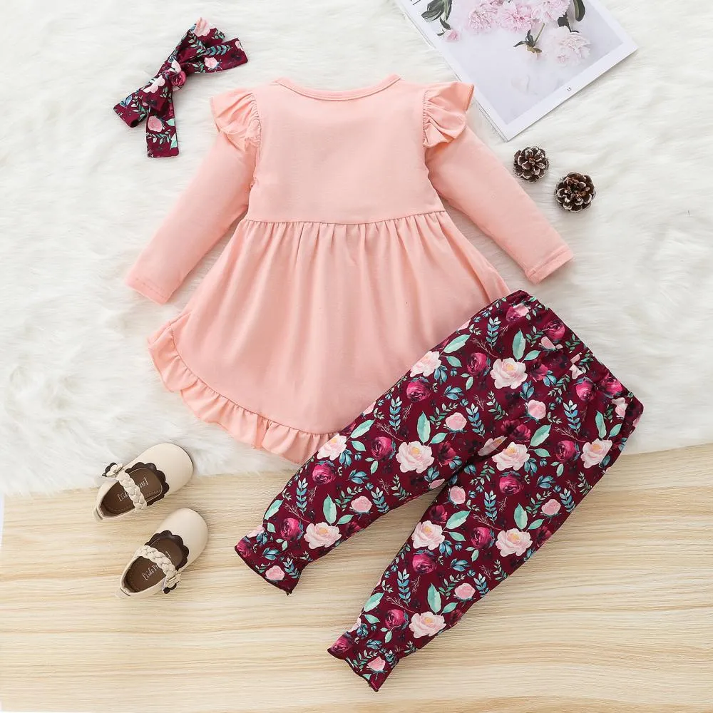 Autumn Girls Bow Ruffle Skirt Print Trousers Three-piece Set Wholesale Girl Clothing