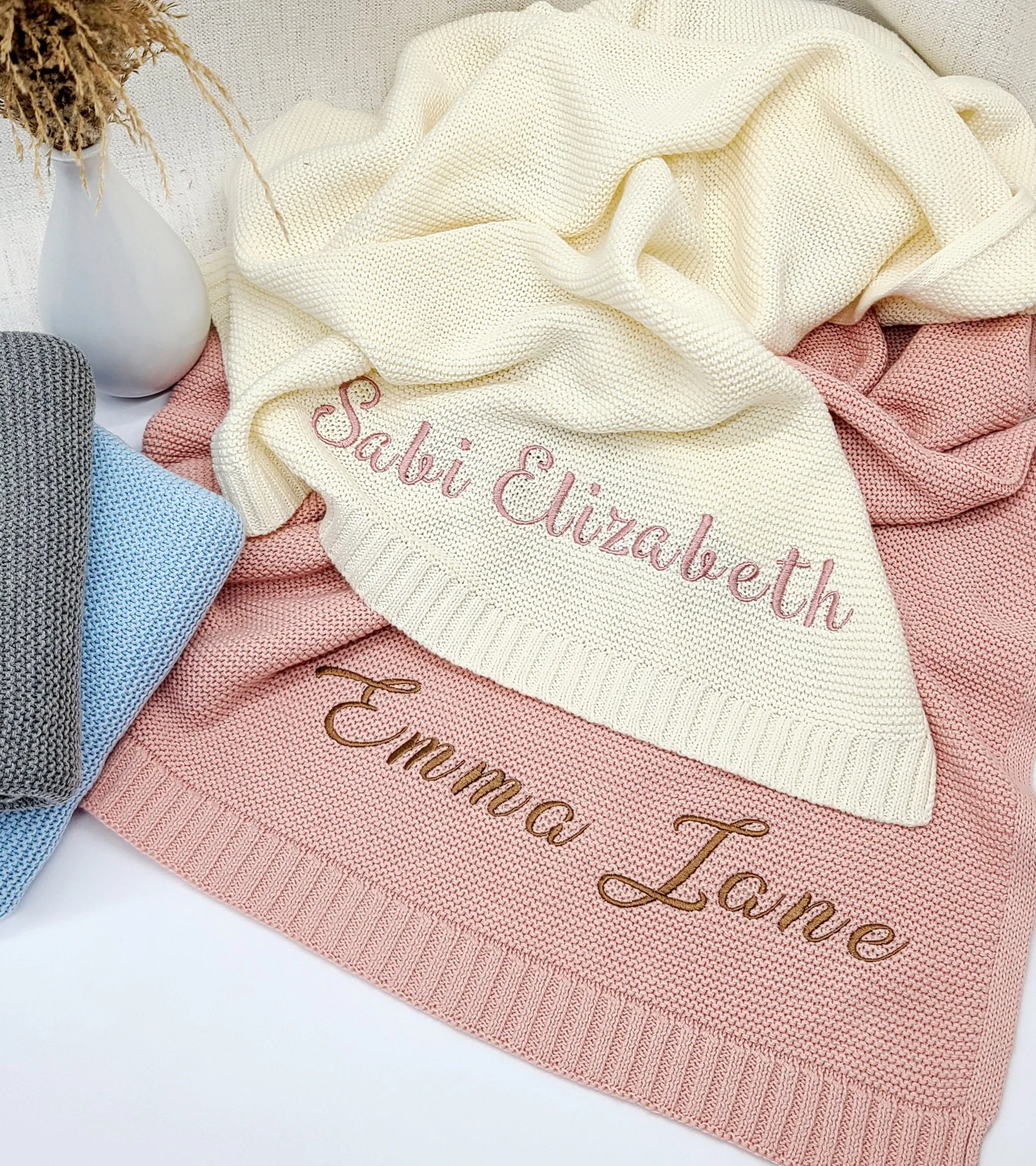 Baby Blanket,Embroidered Name,Stroller Blanket,Newborn Baby Gift ,Soft Breathable Cotton Knit