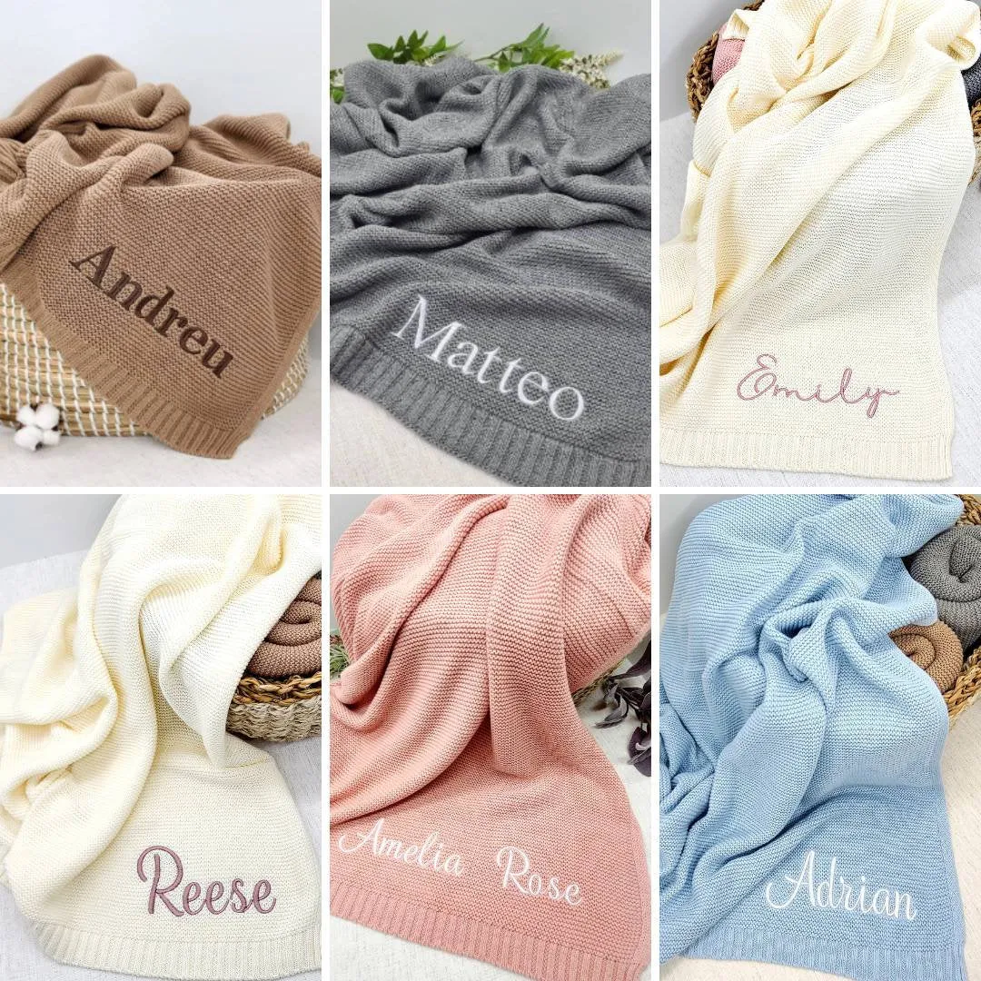 Baby Blanket,Embroidered Name,Stroller Blanket,Newborn Baby Gift ,Soft Breathable Cotton Knit