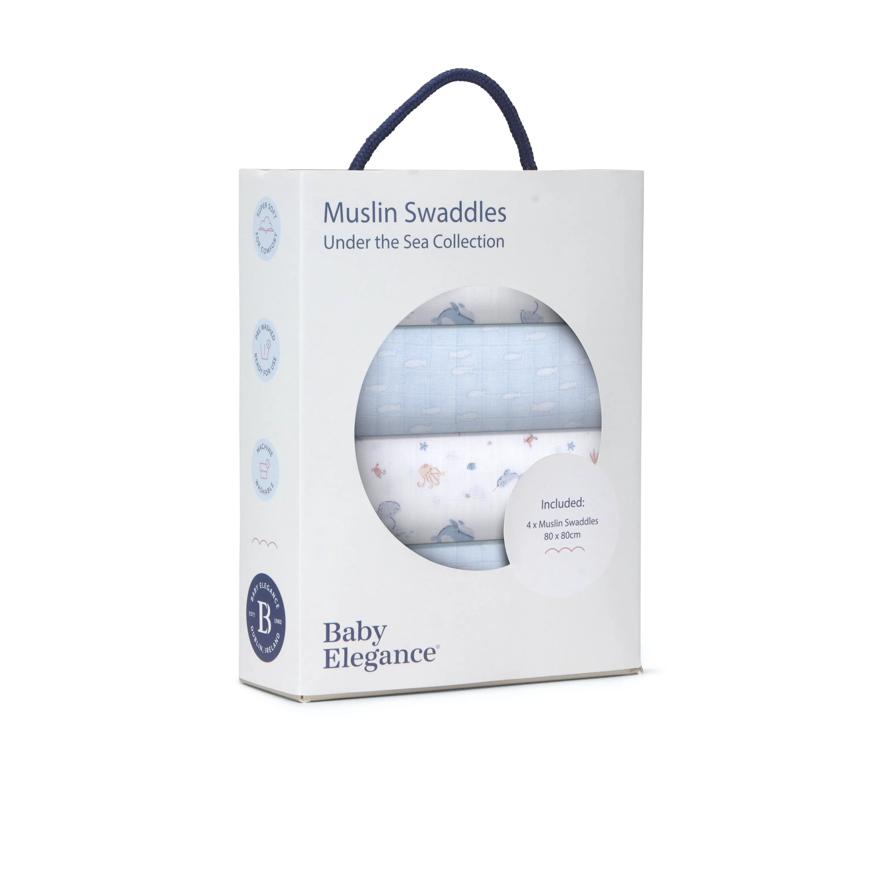 Baby Elegance 4 pack Muslin Swaddles Under the Sea - 80 x 80cm