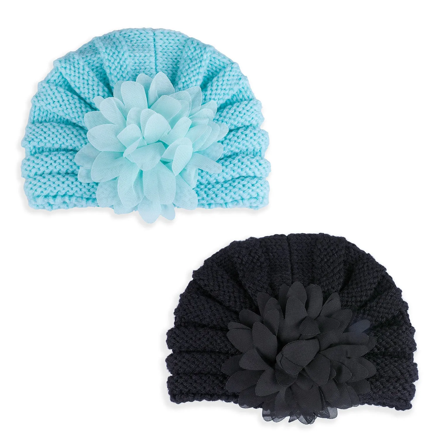 Baby Moo Floral Petals 2 Pack Turban Caps - Blue And Black