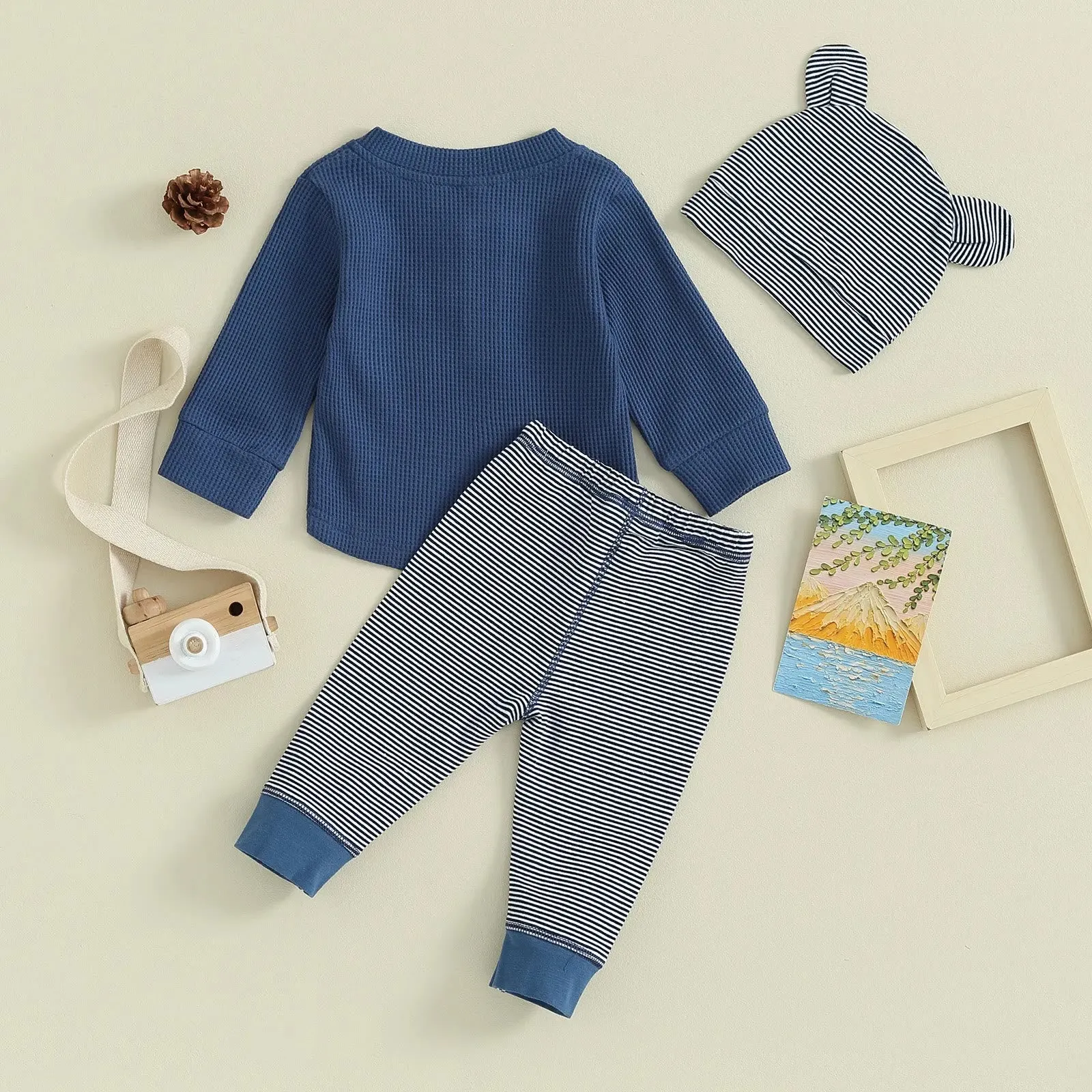 Baby Waffle Striped 2 Pieces Set with Bear Hat