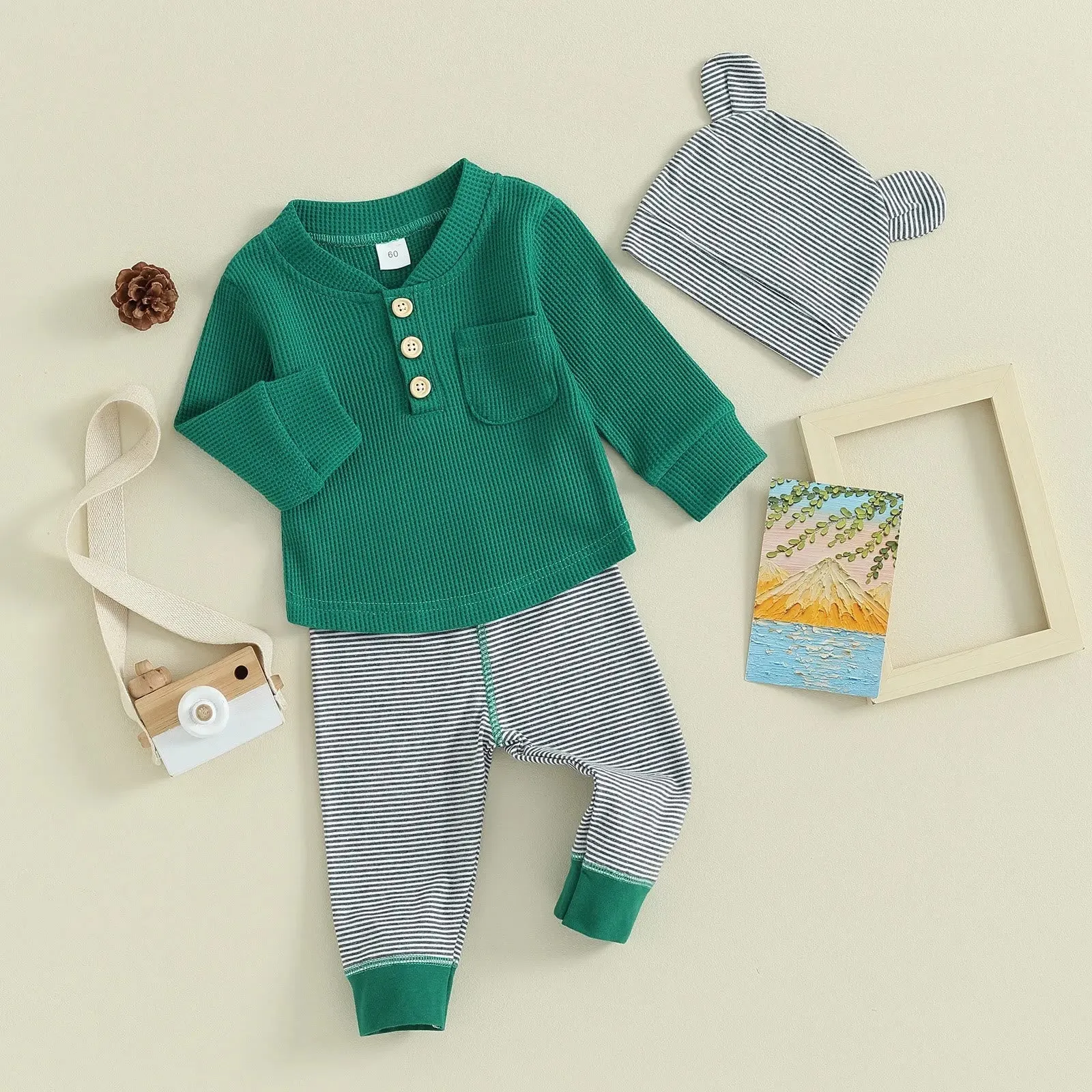 Baby Waffle Striped 2 Pieces Set with Bear Hat