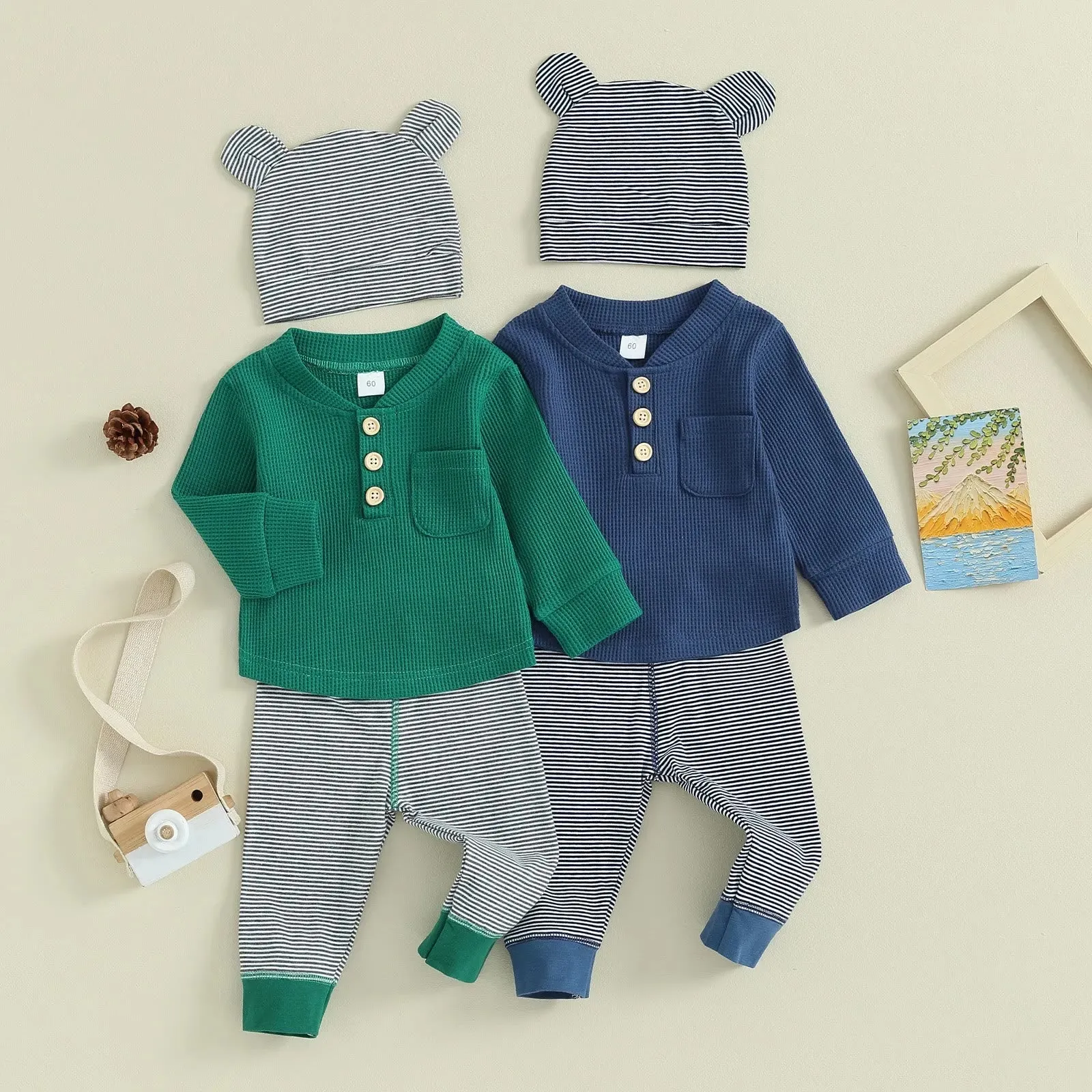 Baby Waffle Striped 2 Pieces Set with Bear Hat