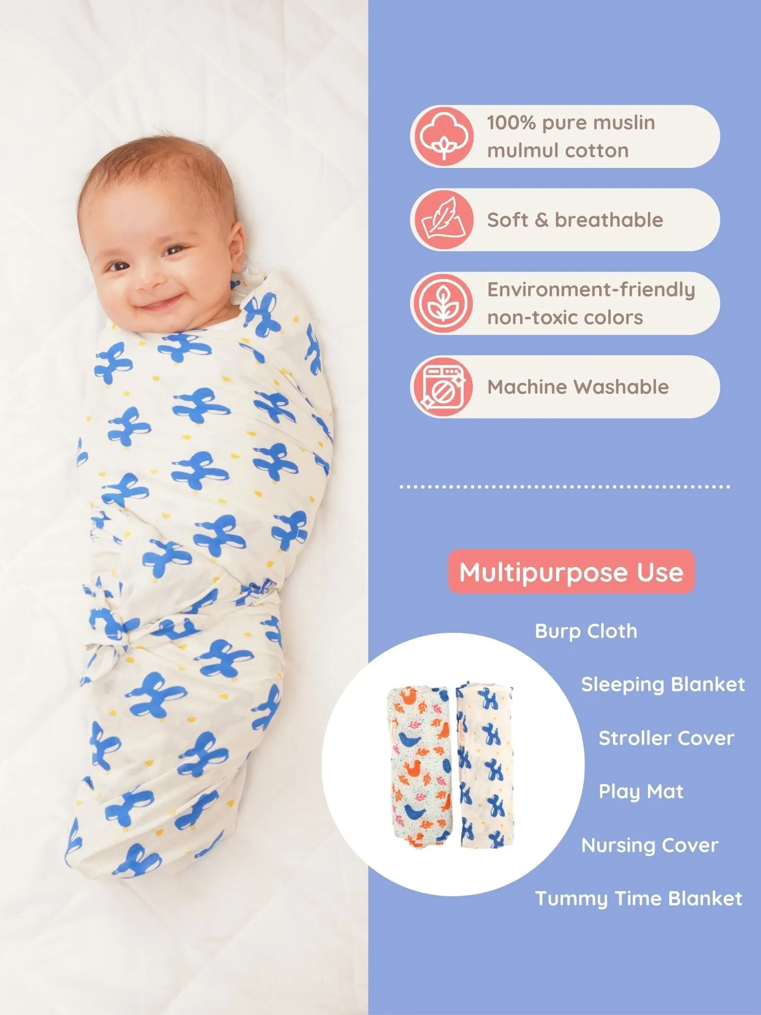 Blue Safari Cotton Muslin Swaddle Wrap for New Born (Pack of 2)