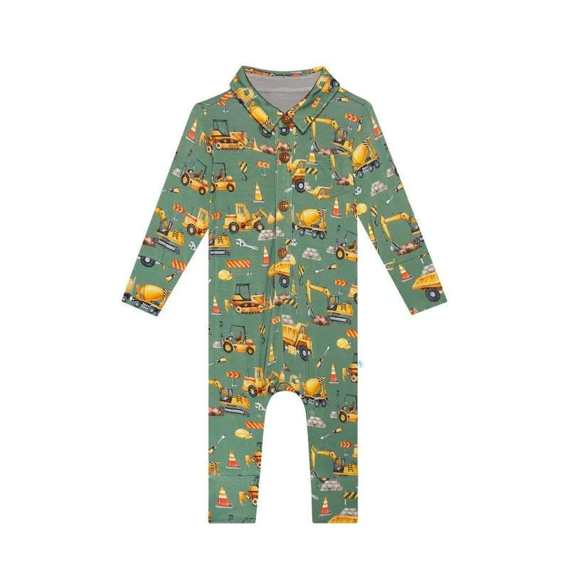 Boy's Bamboo Long Sleeve Collared Henley Long Romper - Crawford (Construction Vehicles)