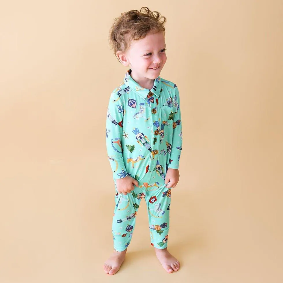 Boy's Bamboo Long Sleeve Collared Henley Romper - Fritz (Nutcrackers)