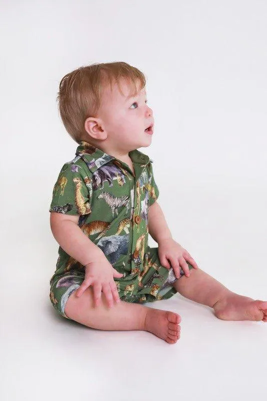 Boy's Bamboo Short Sleeve Collared Henley Romper - Posh Safari