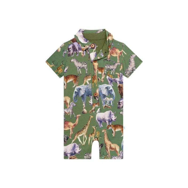 Boy's Bamboo Short Sleeve Collared Henley Romper - Posh Safari