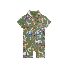 Boy's Bamboo Short Sleeve Collared Henley Romper - Posh Safari