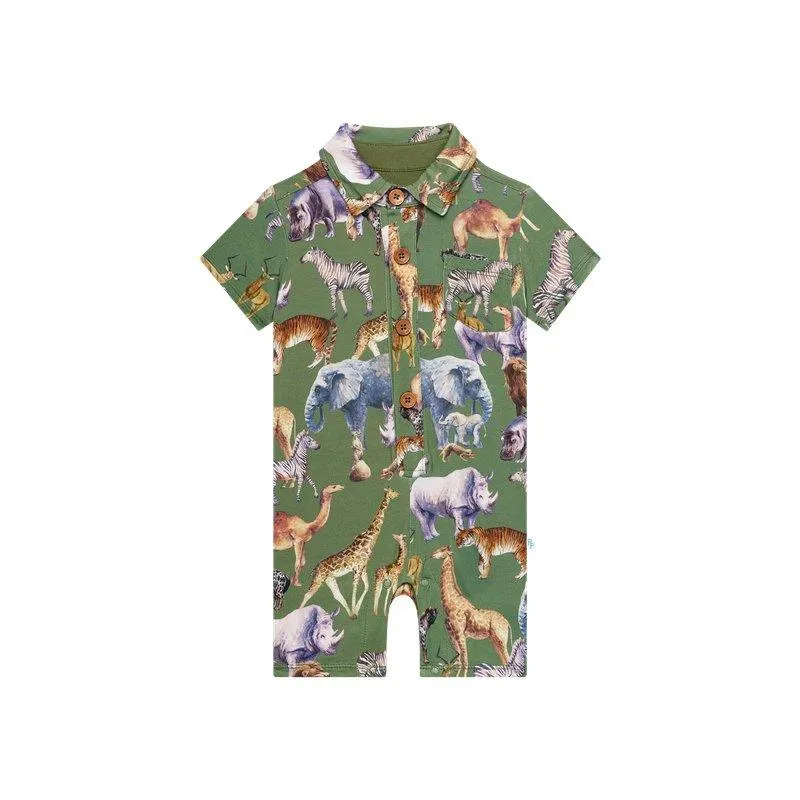Boy's Bamboo Short Sleeve Collared Henley Romper - Posh Safari