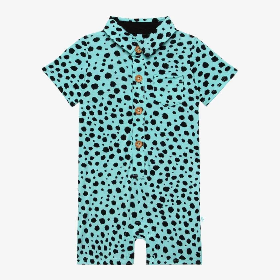 Boy's Bamboo Short Sleeve Collared Henley Shorts Romper - Pebbles (Cheetah Print)