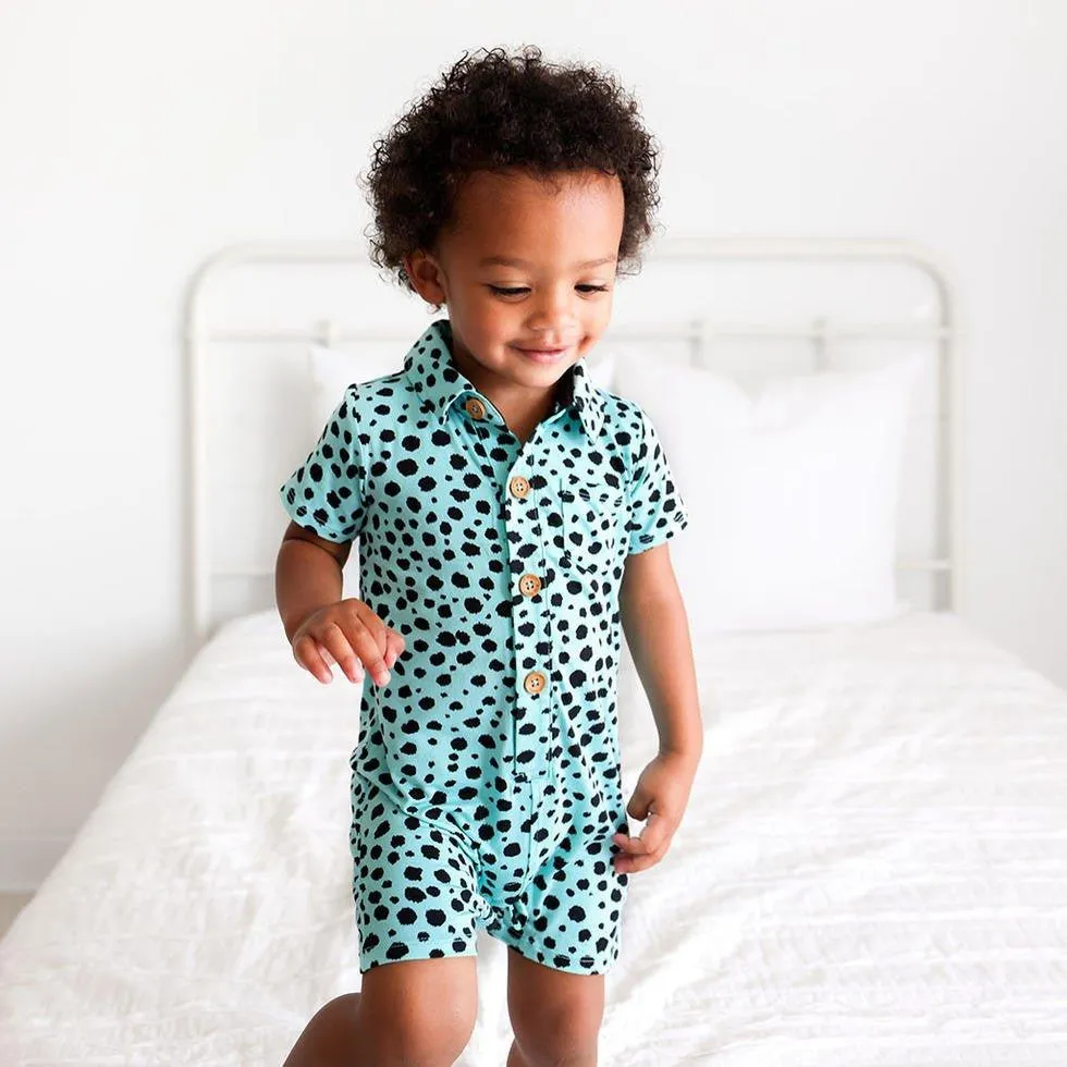 Boy's Bamboo Short Sleeve Collared Henley Shorts Romper - Pebbles (Cheetah Print)