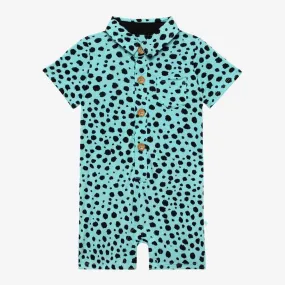 Boy's Bamboo Short Sleeve Collared Henley Shorts Romper - Pebbles (Cheetah Print)