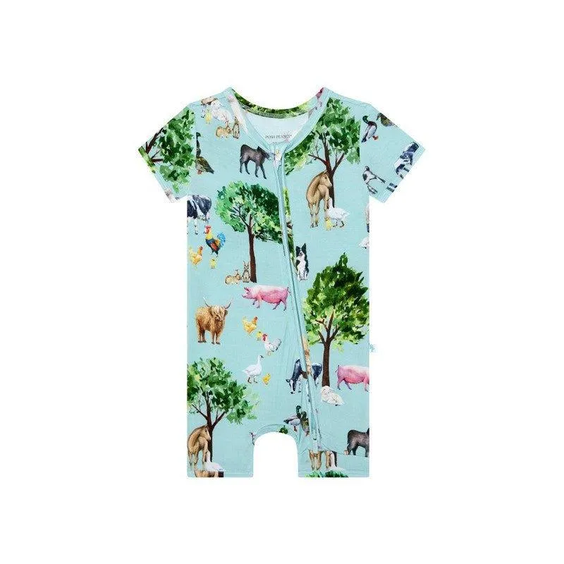 Boy's Bamboo Short Sleeve Zipper Shortie Romper - Brayden (Farm Animals)