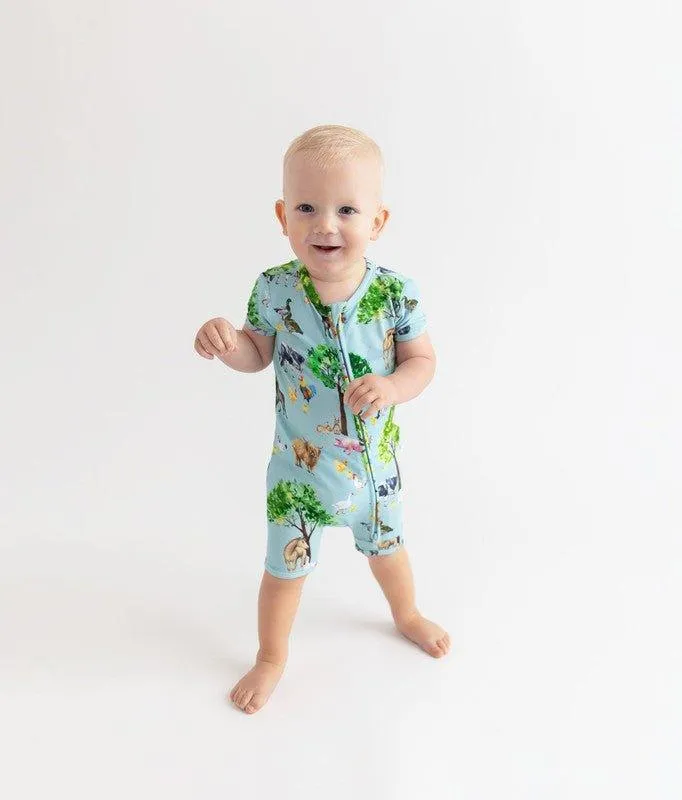 Boy's Bamboo Short Sleeve Zipper Shortie Romper - Brayden (Farm Animals)