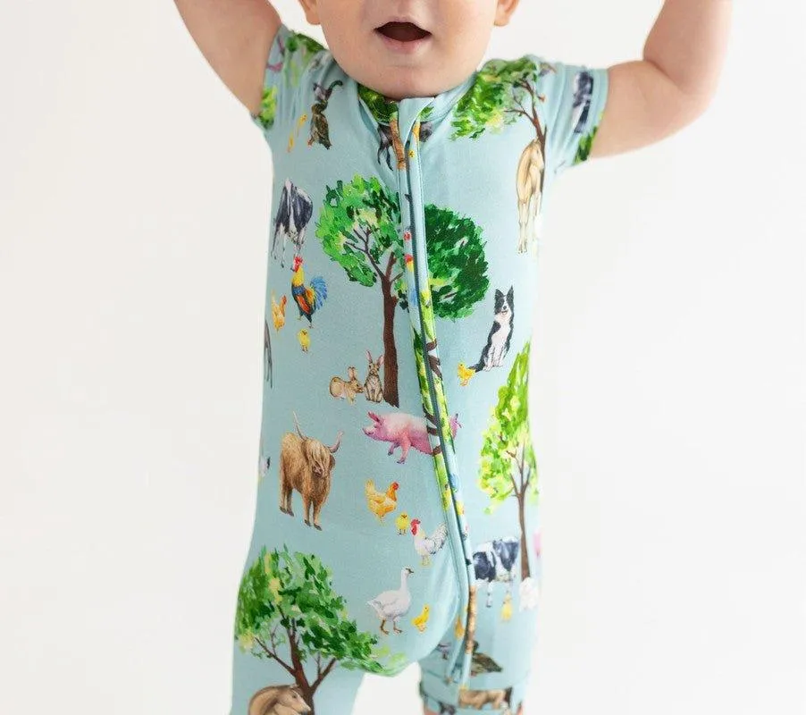 Boy's Bamboo Short Sleeve Zipper Shortie Romper - Brayden (Farm Animals)