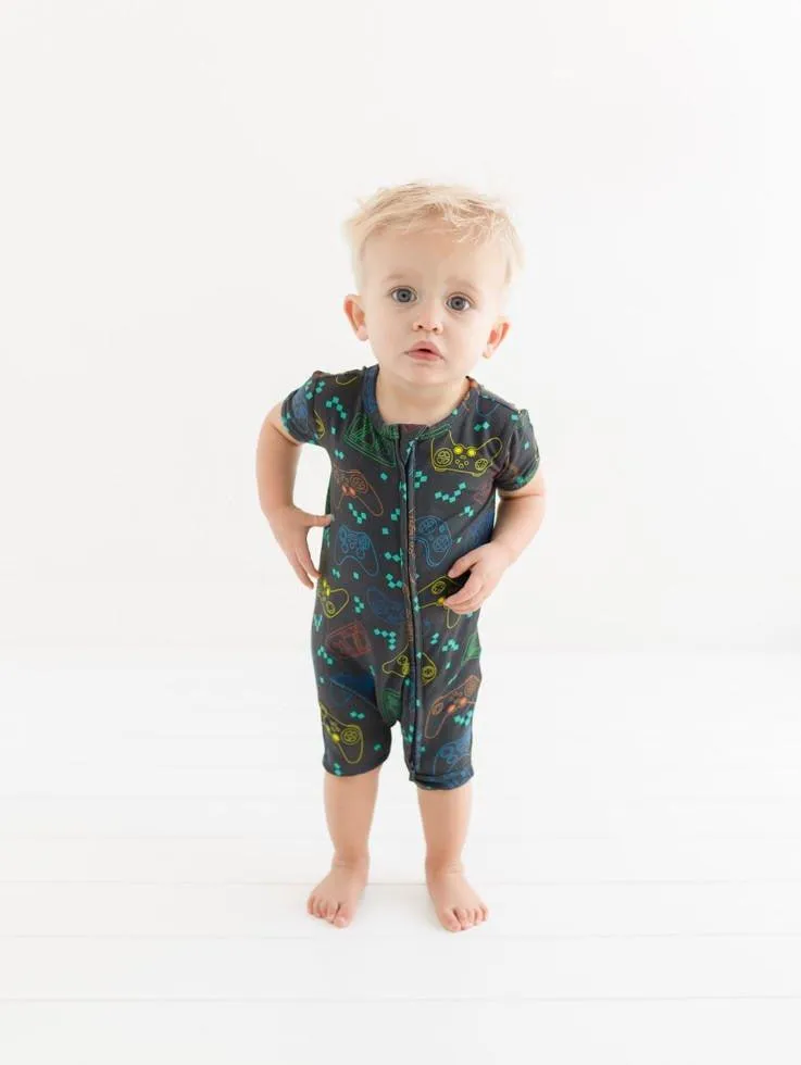 Boy's Bamboo Short Sleeve Zipper Shortie Romper - Posh Player One