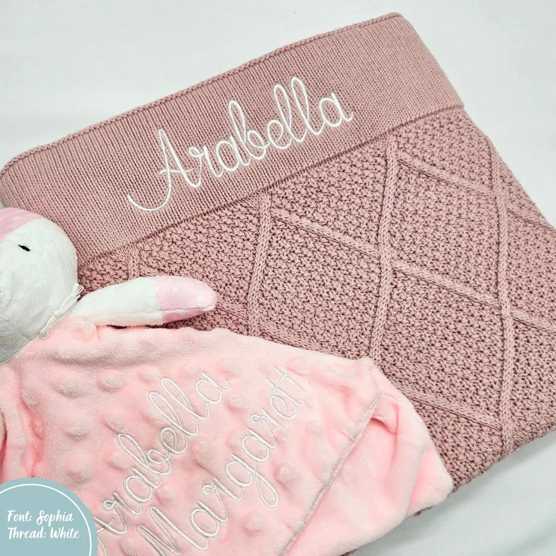 Dusty Pink Personalised Diamond Knit Baby Blanket