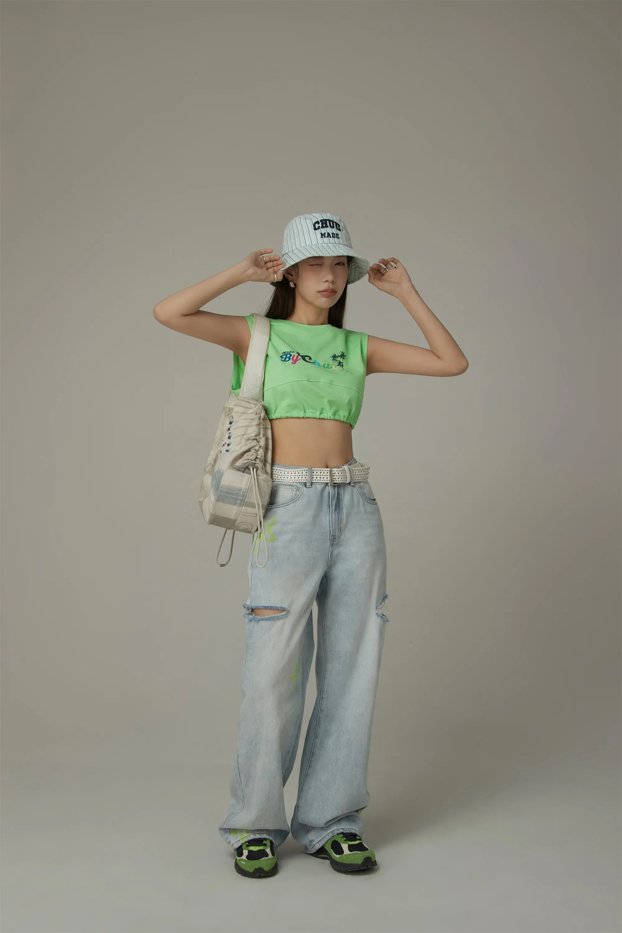 Embroidered Striped Chuu Made Bucket Hat