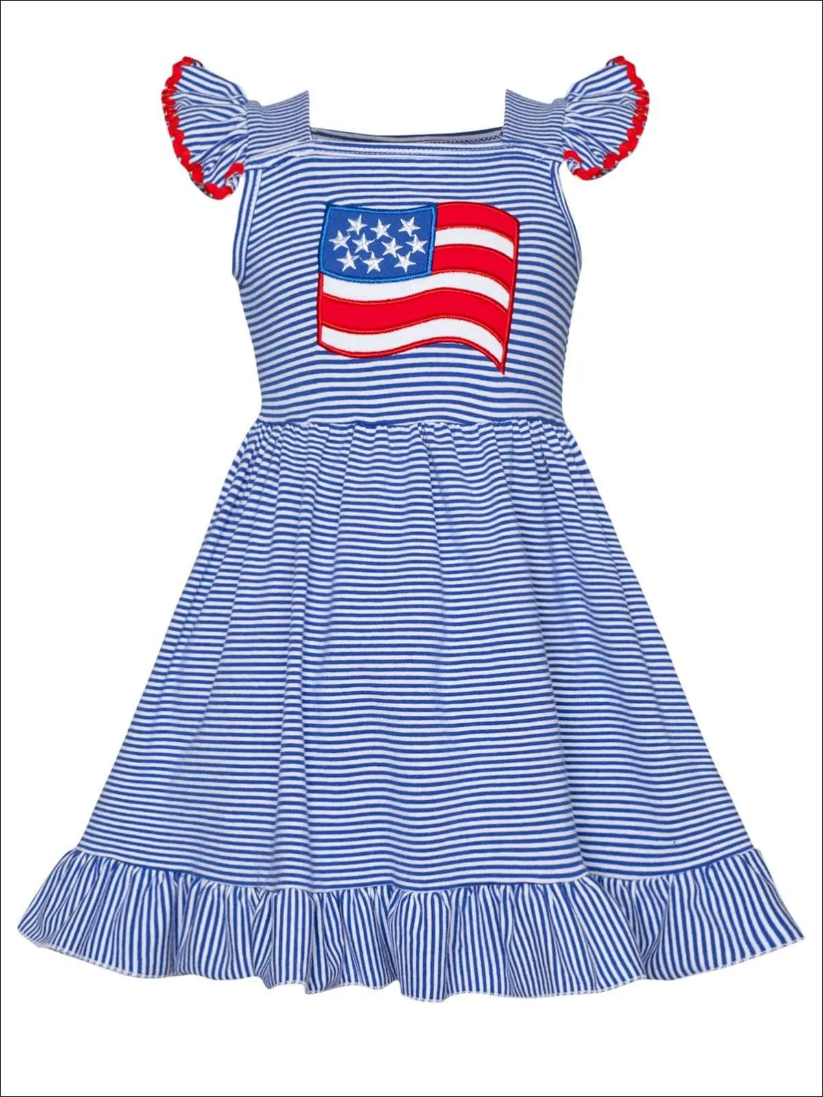 Girls 4th of July Themed Striped Flutter Sleeve American Flag Applique Ruffled Dress
