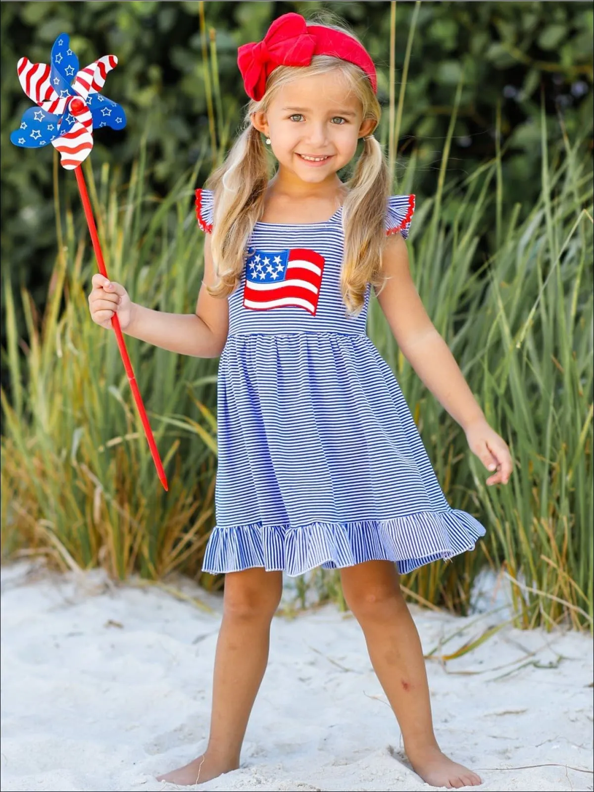 Girls 4th of July Themed Striped Flutter Sleeve American Flag Applique Ruffled Dress