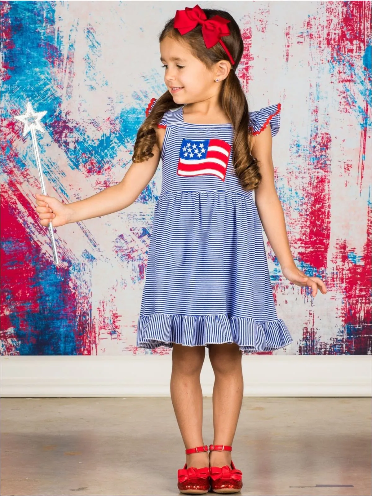 Girls 4th of July Themed Striped Flutter Sleeve American Flag Applique Ruffled Dress