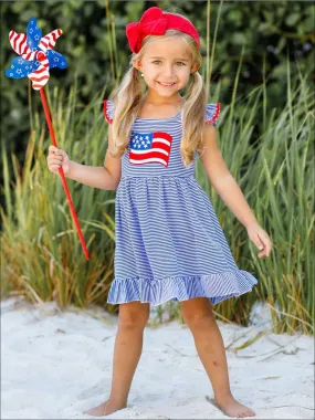 Girls 4th of July Themed Striped Flutter Sleeve American Flag Applique Ruffled Dress