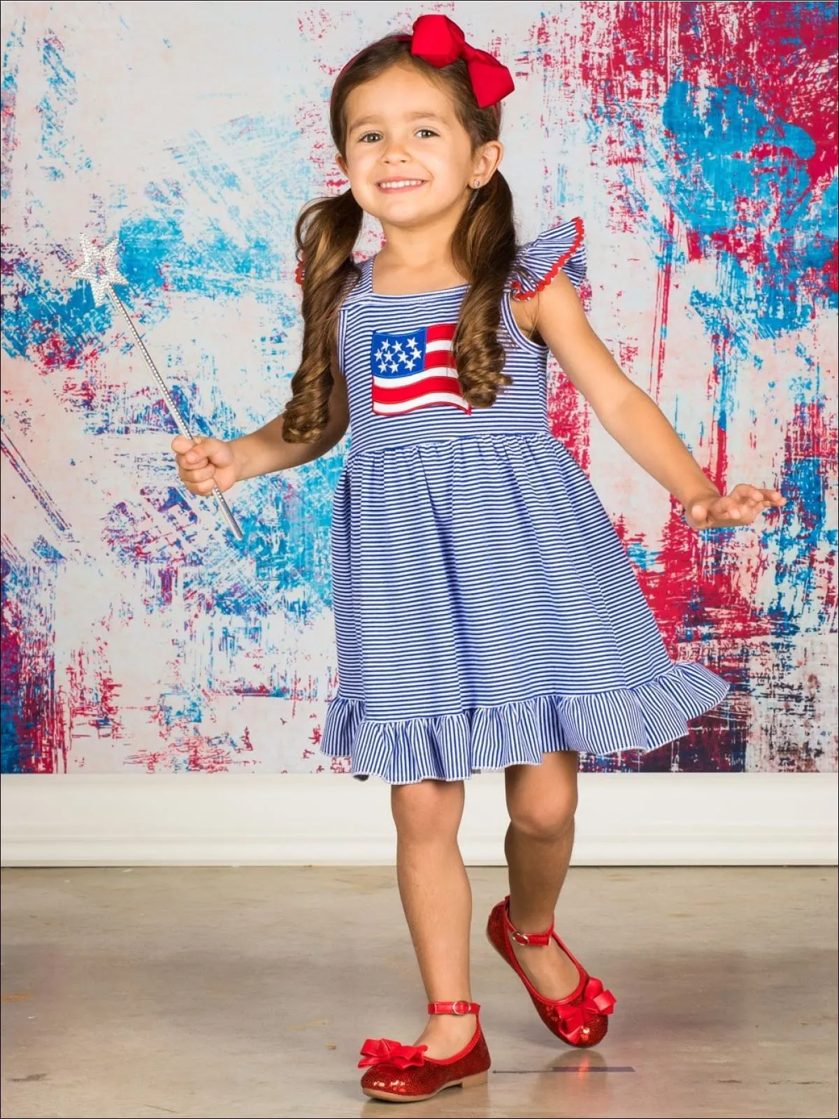 Girls 4th of July Themed Striped Flutter Sleeve American Flag Applique Ruffled Dress