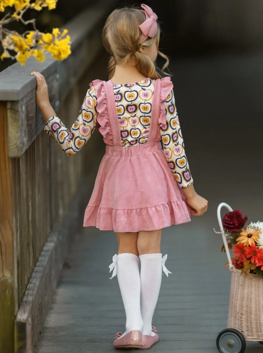 Girls Apple Print Top and Ruffled Suspender Skirt Set