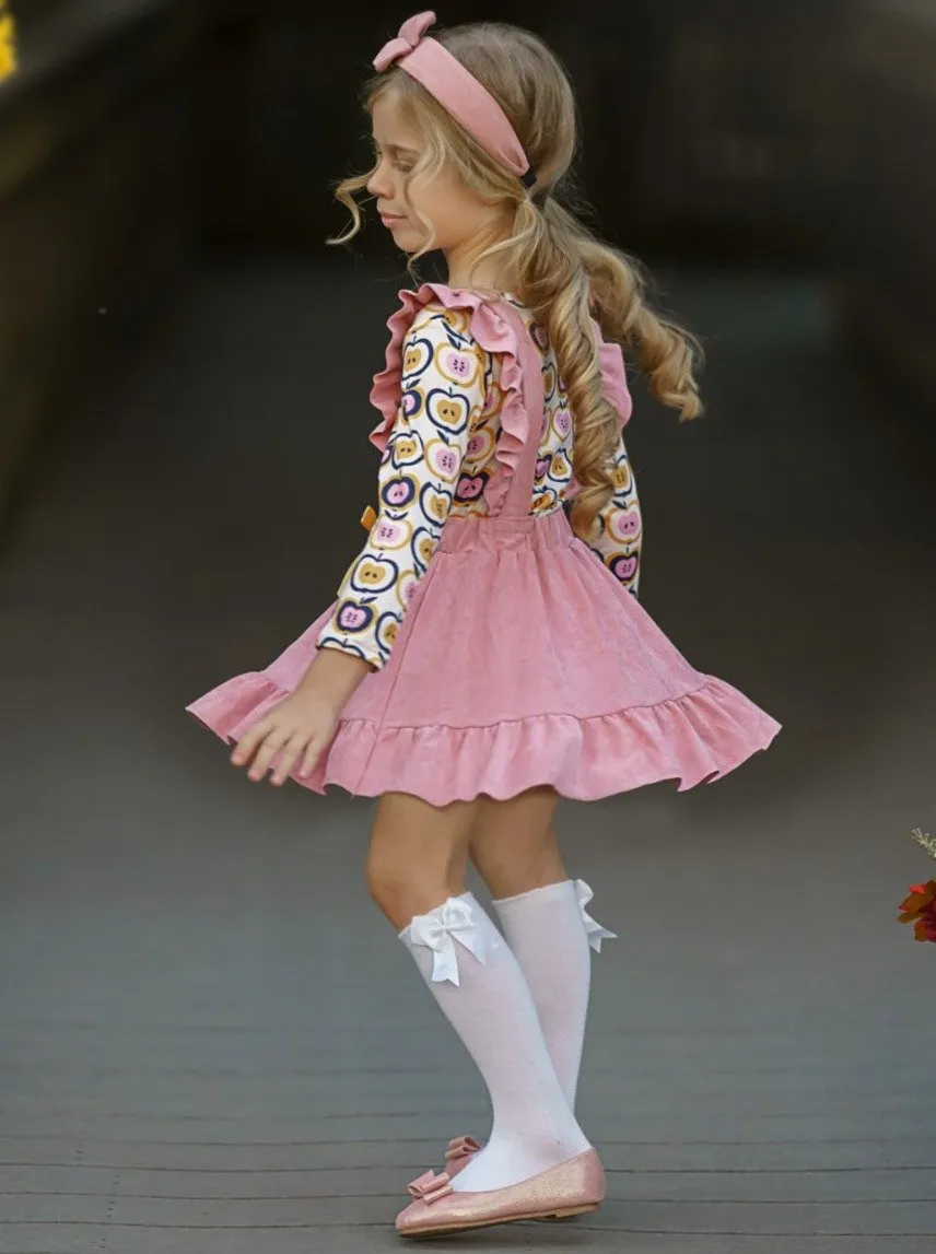 Girls Apple Print Top and Ruffled Suspender Skirt Set