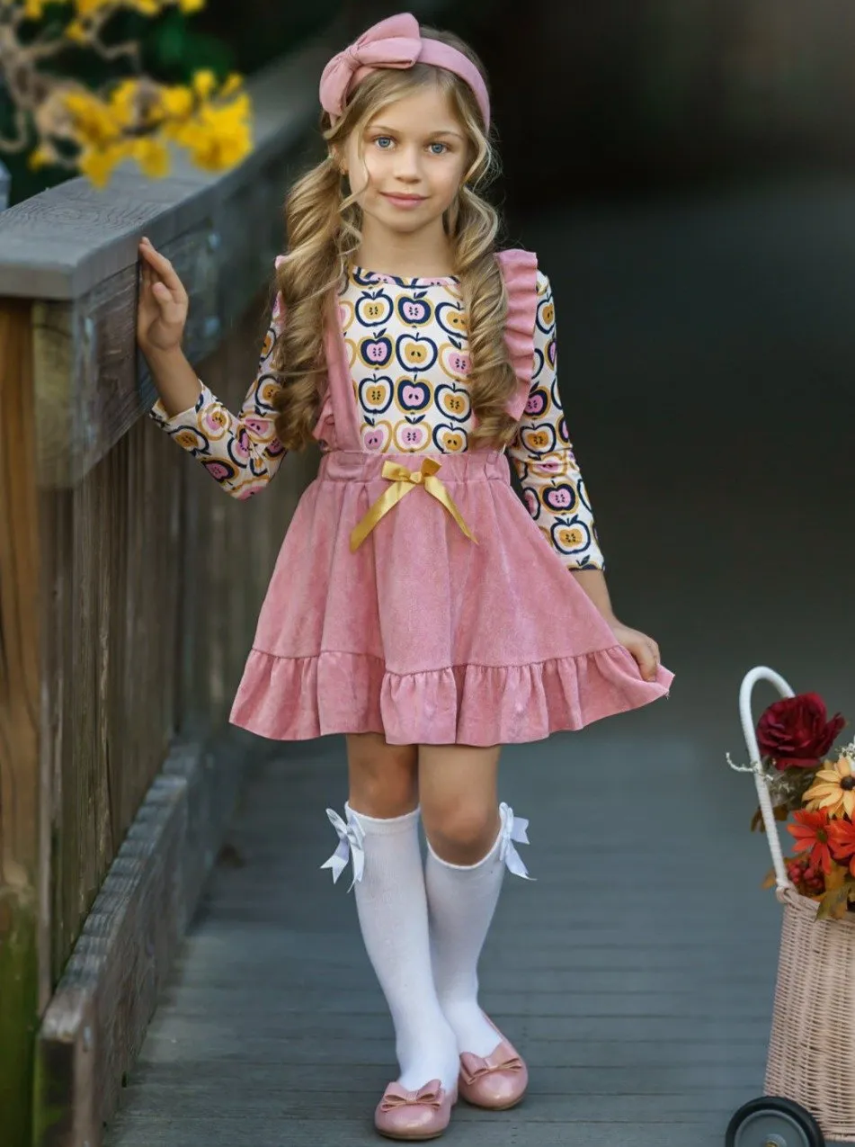 Girls Apple Print Top and Ruffled Suspender Skirt Set