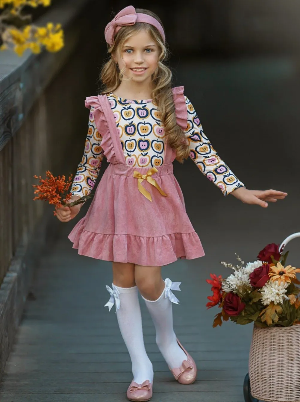 Girls Apple Print Top and Ruffled Suspender Skirt Set