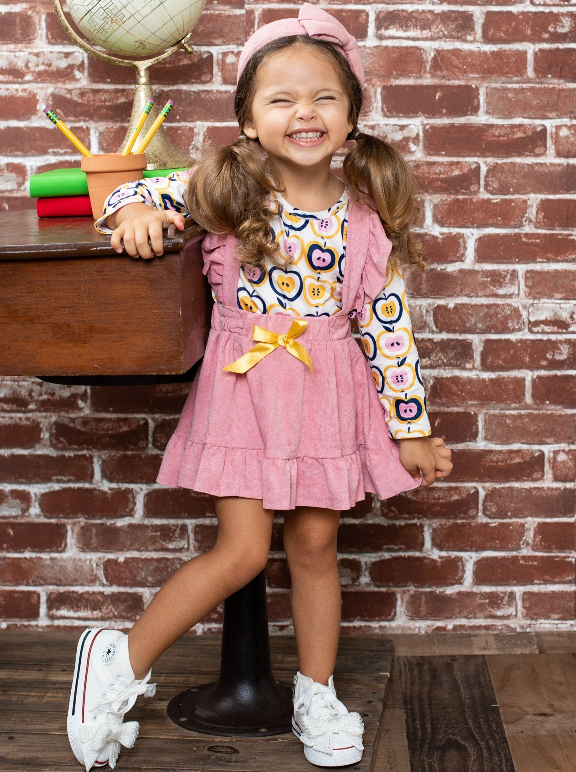 Girls Apple Print Top and Ruffled Suspender Skirt Set