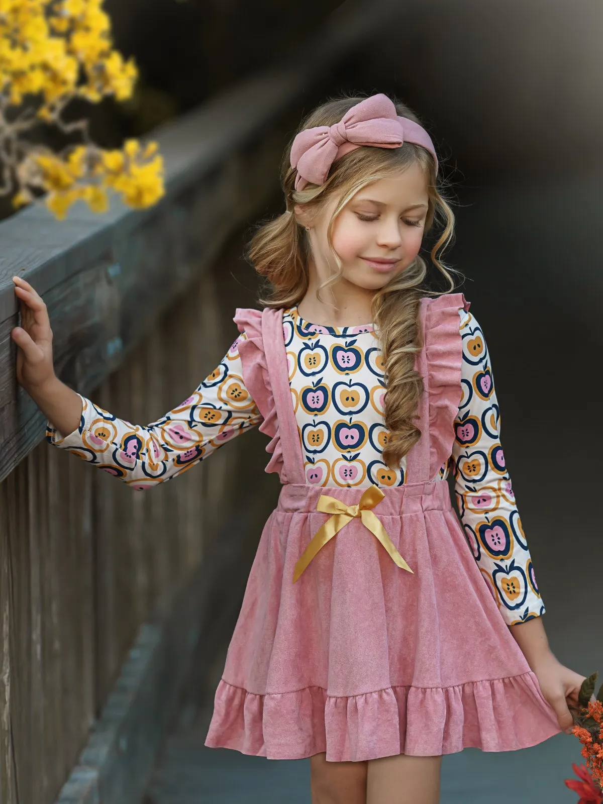 Girls Apple Print Top and Ruffled Suspender Skirt Set
