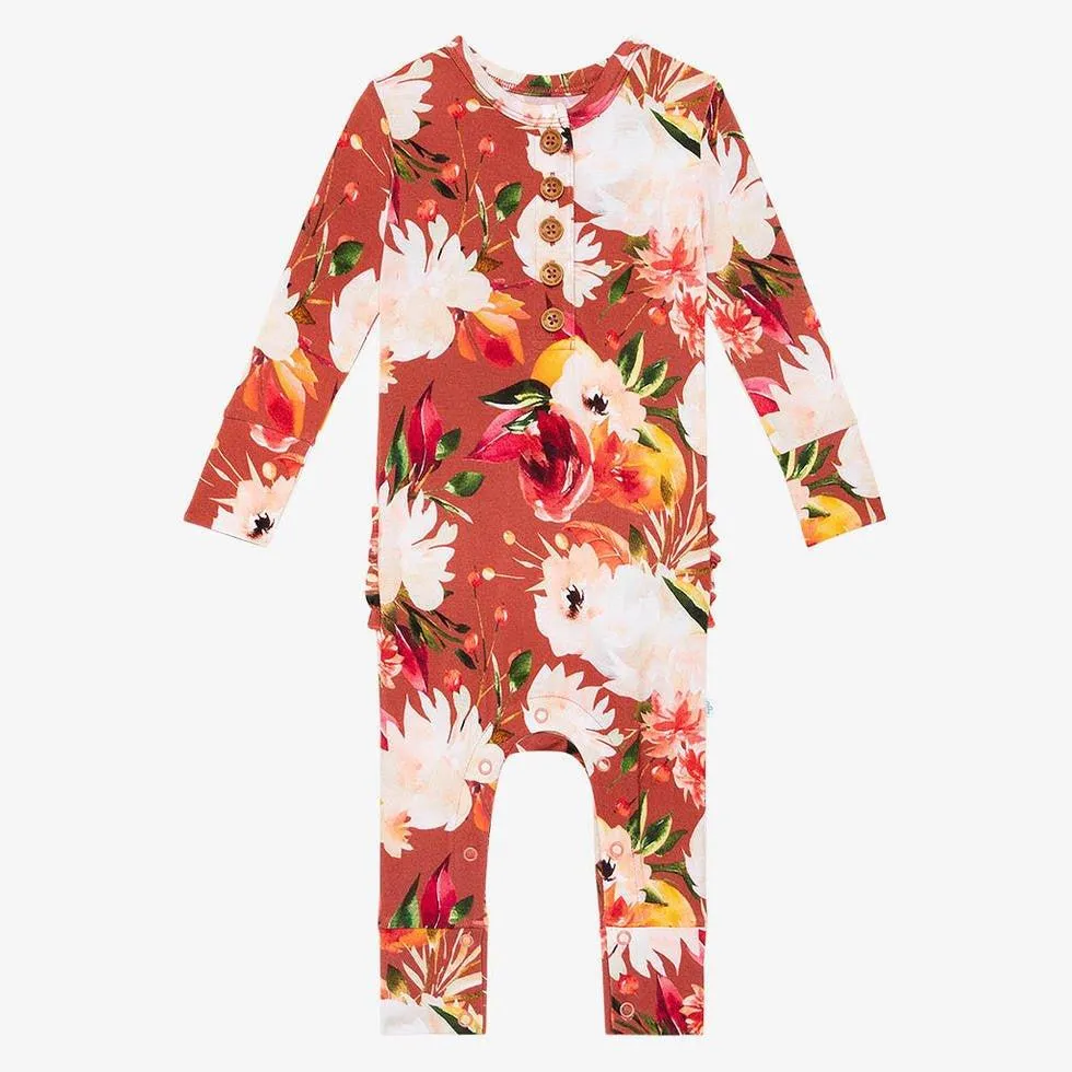 Girl's Bamboo Long Sleeve Ruffled Henley Romper, Leonora (Floral)