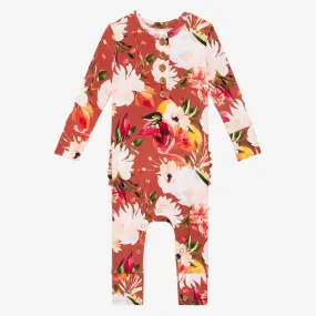 Girl's Bamboo Long Sleeve Ruffled Henley Romper, Leonora (Floral)