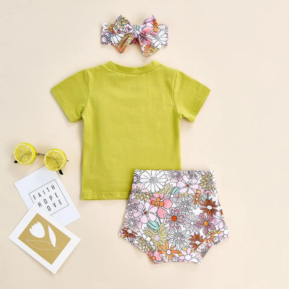 Girls Suit Summer Letter Print Top Flower Shorts Hairband Three-piece Set Wholesale Baby Girl Clothing