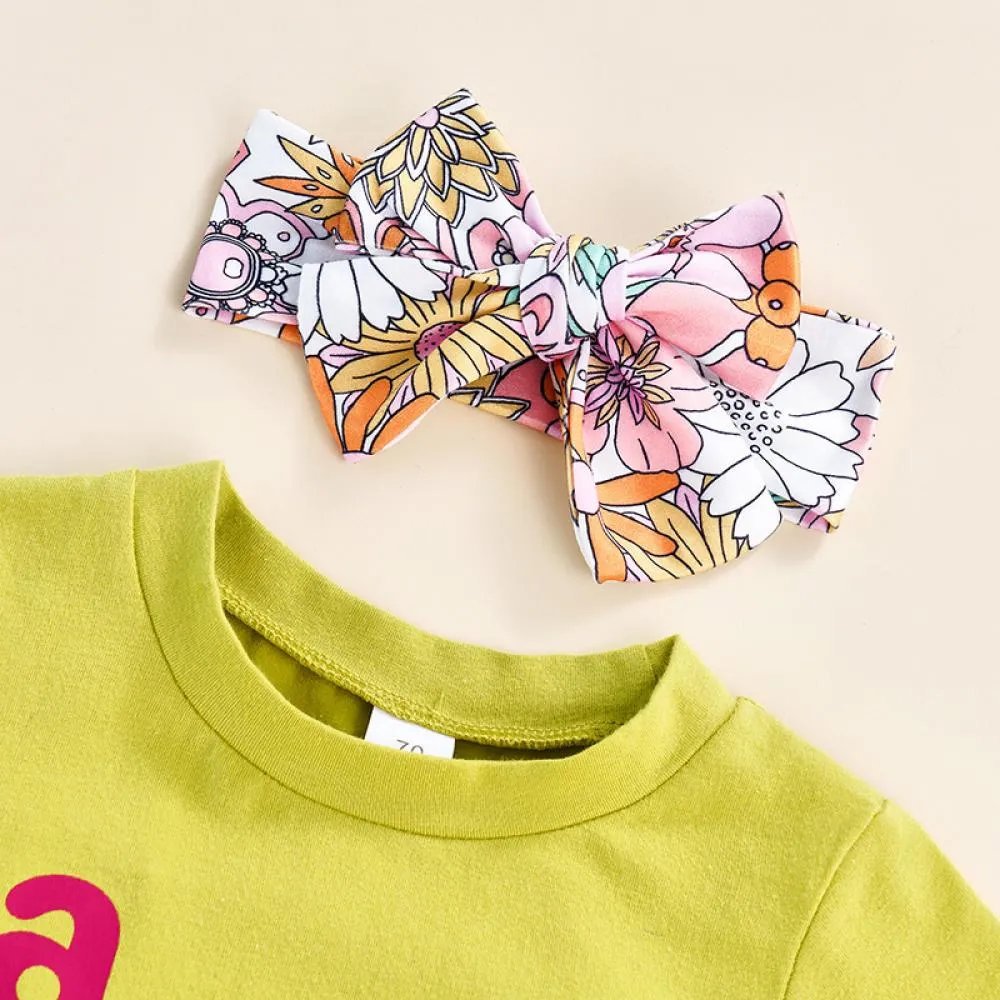 Girls Suit Summer Letter Print Top Flower Shorts Hairband Three-piece Set Wholesale Baby Girl Clothing