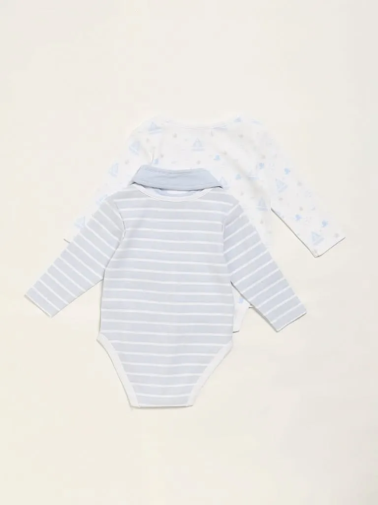 HOP Baby Blue Printed Rompers & Bib - Pack of 2